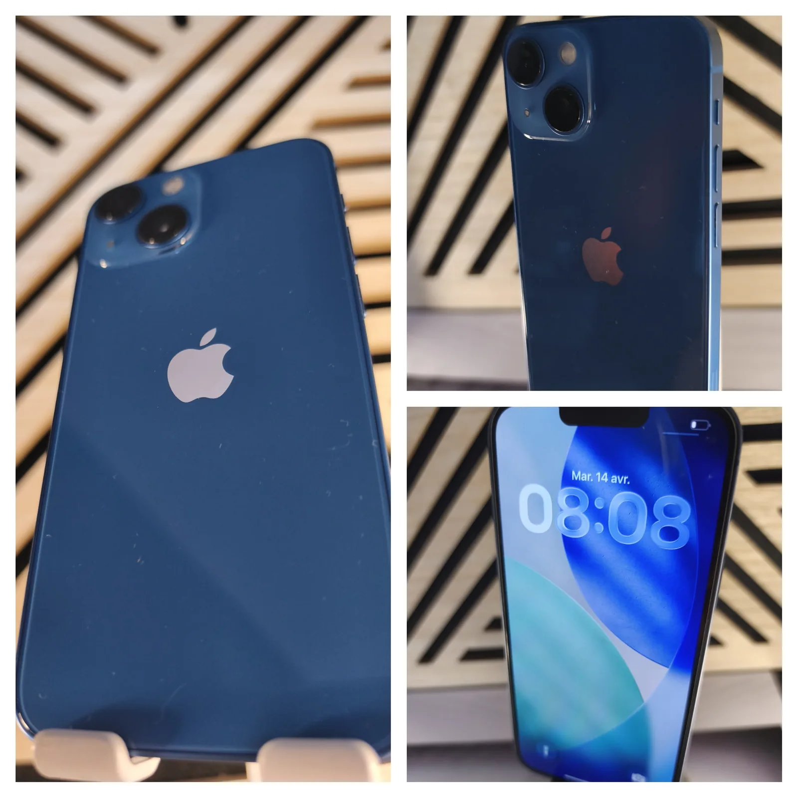 iPhone bleu d'occasion présenté en plusieurs vues